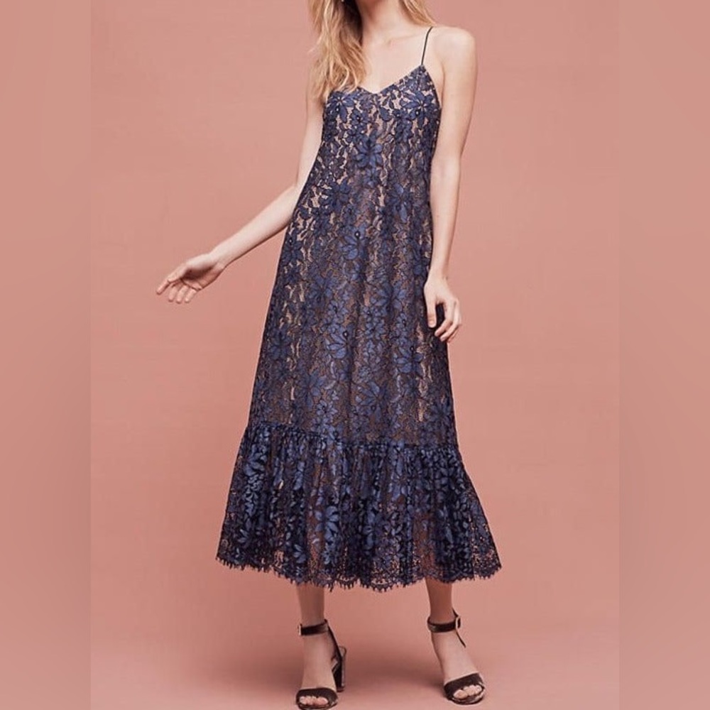 Moulinette Sours Anthropologie Celestial Blue Tina  Lace Maxi dress Sz 10